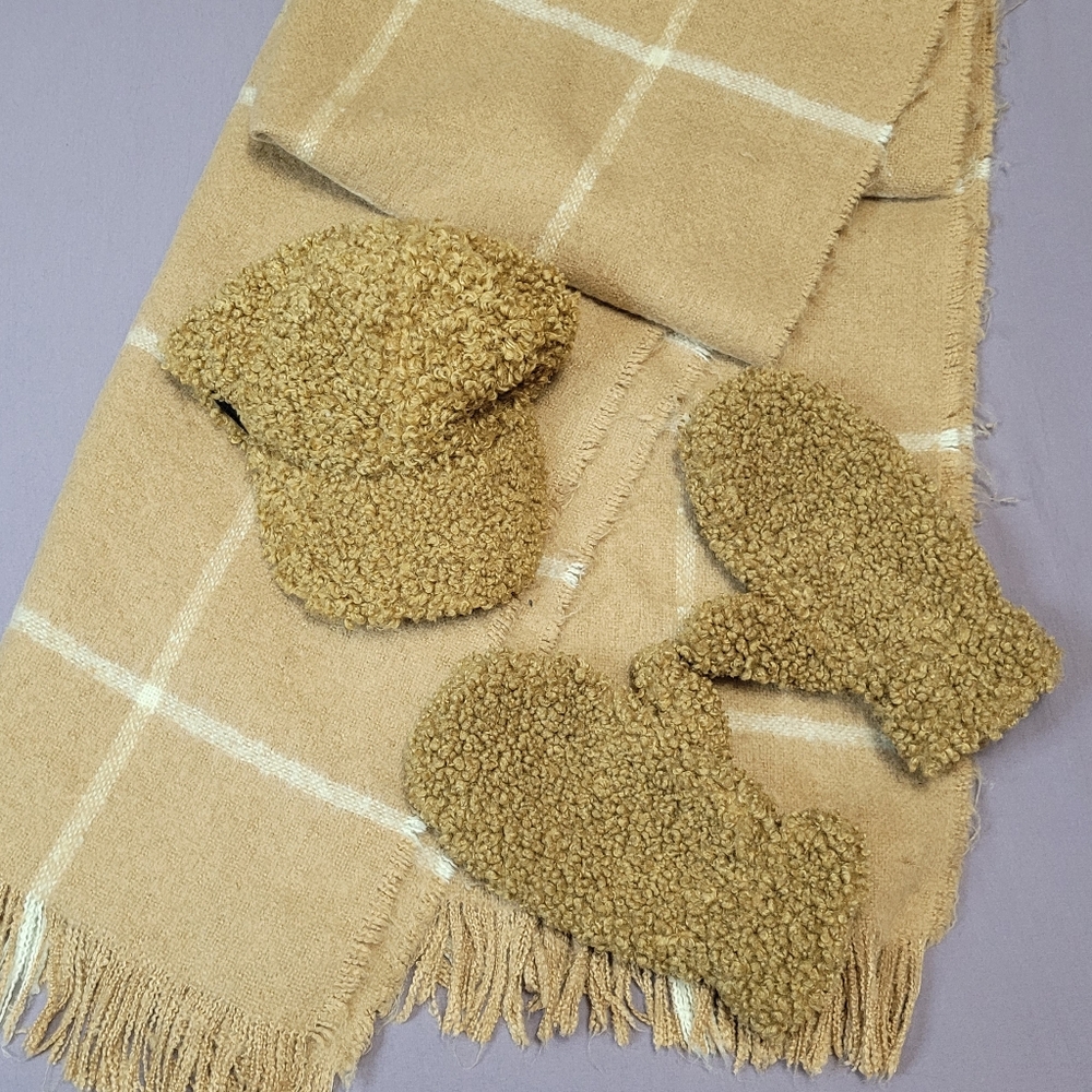 Love & Lore Cozy Tan Scarf With Teddy Bear Core Style Brown Hat and Mittens Set